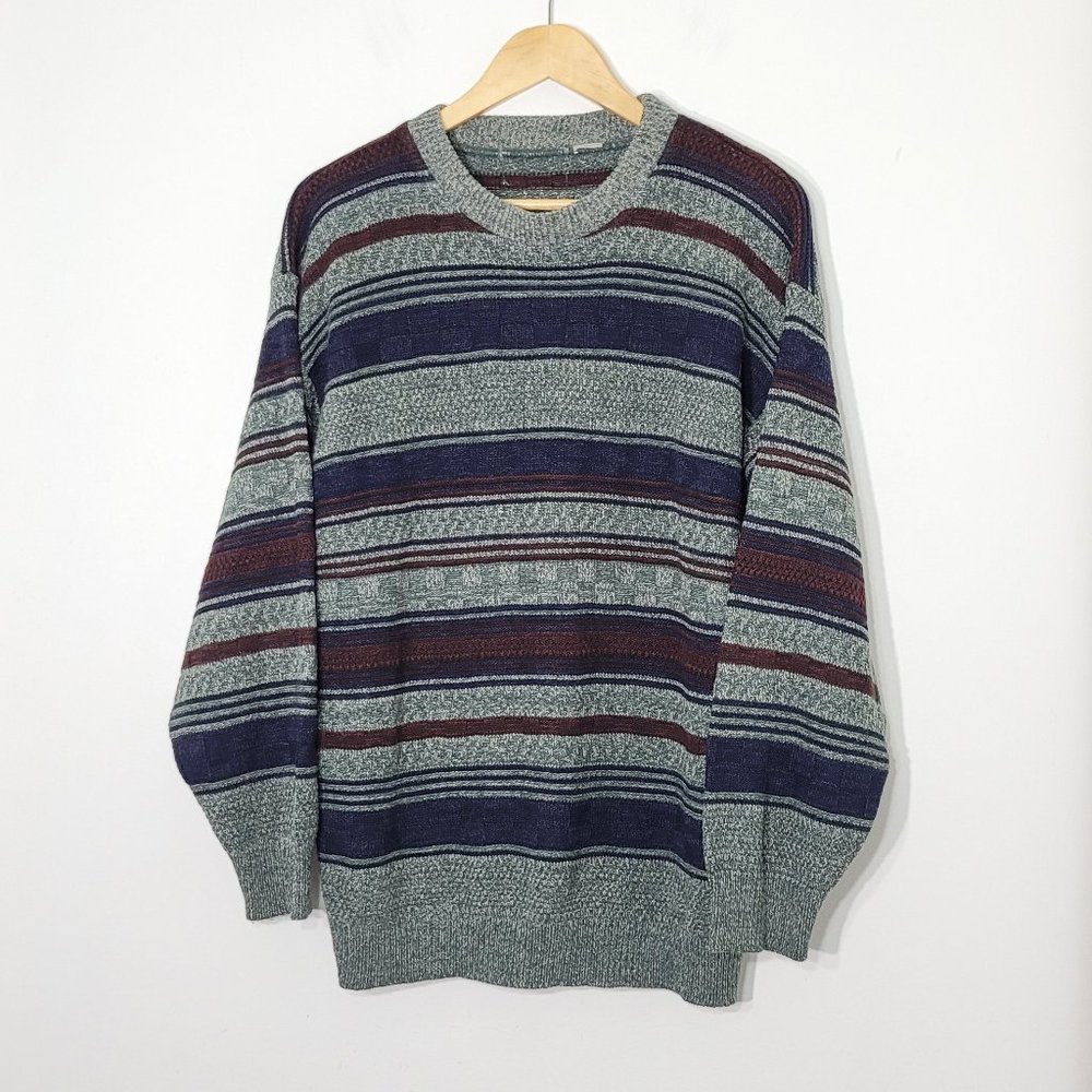 Vintage Grandpa Core Oversized Cozy Green Knit Sweater Multicolor Stripes Preppy